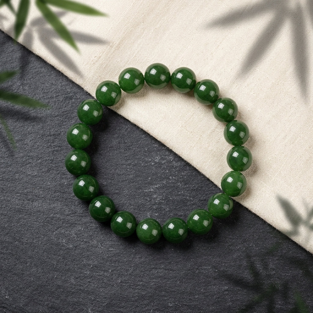 Bracelet perles de jadéite verte posé sur pierre noire et tissu de lin avec ombres de bambou. L'Atelier Wen.