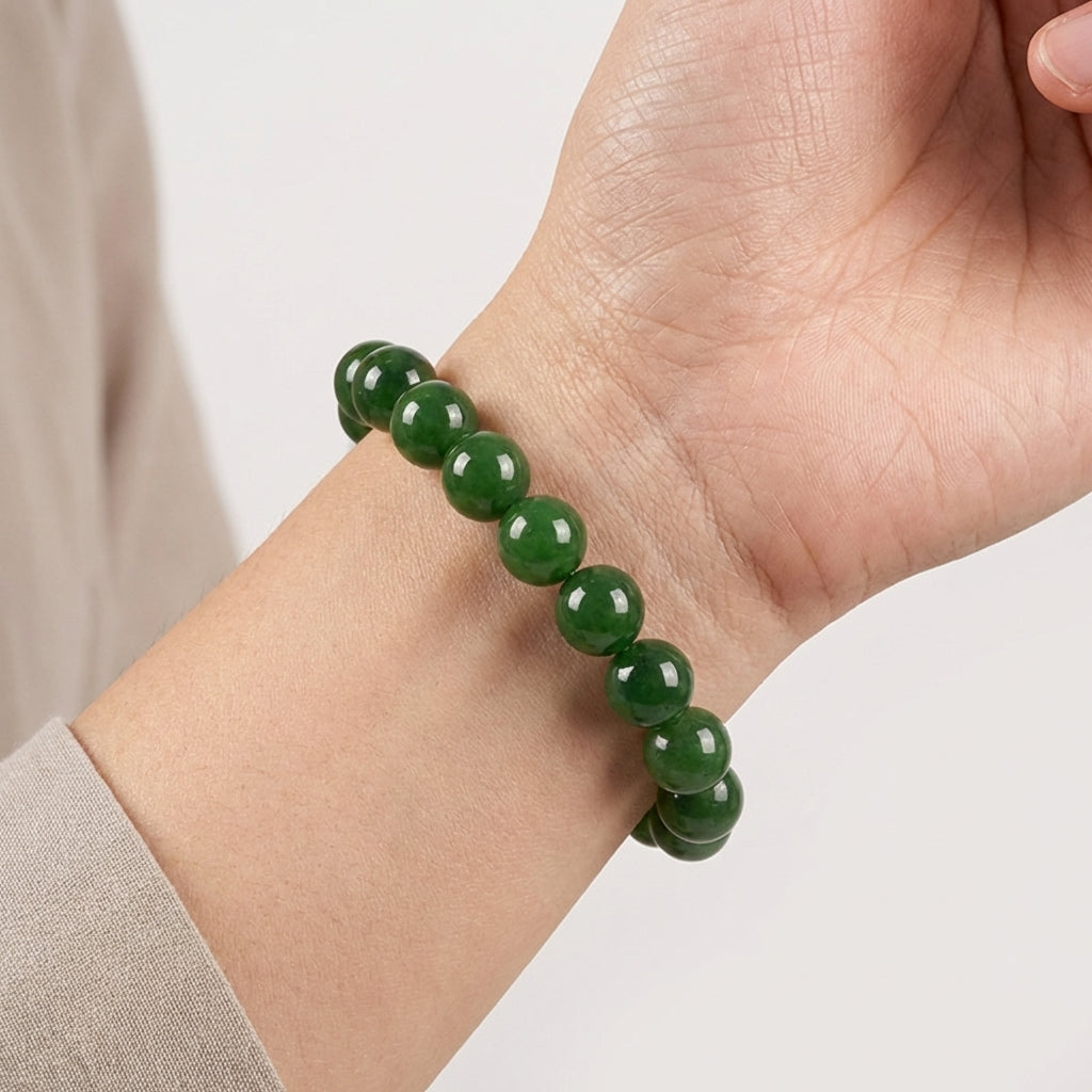 Gros plan d'un poignet portant le bracelet en jadéite verte polie de l'Atelier Wen. Éclat naturel des perles rondes.