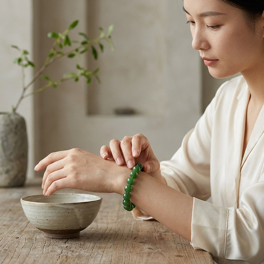 Femme ajustant son bracelet en jade vert au poignet dans une ambiance zen avec bol en céramique et décor épuré.
