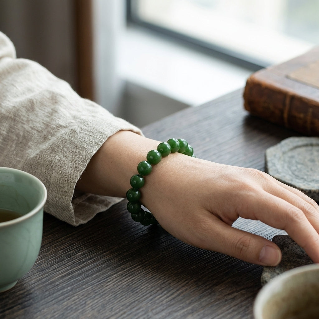 Bracelet en perles de jadéite porté au poignet, posé sur une table en bois sombre avec tasse et livre ancien. L'Atelier Wen.