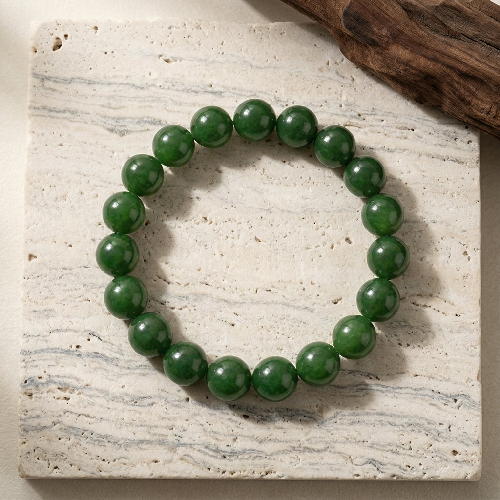 Bracelet de perles en jadéite naturelle posé à plat sur une dalle de pierre calcaire texturée avec bois flotté décoratif.