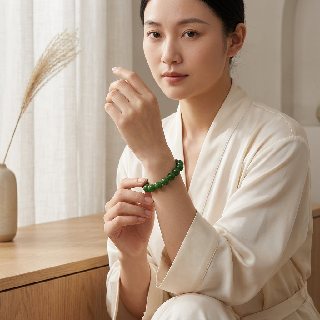 Portrait d'une femme en tenue de soie crème mettant en valeur son bracelet en jadéite verte au poignet. Style épuré.